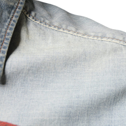 John Galliano Light Blue Printed Cotton Denim Long Sleeves Shirt