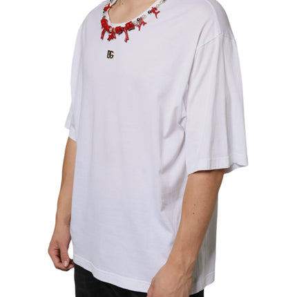 Dolce & Gabbana White Cotton Necklace Embellished T-shirt