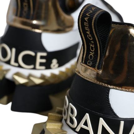 Dolce & Gabbana White Gold Black Leather SUPER KING Sneakers Shoes