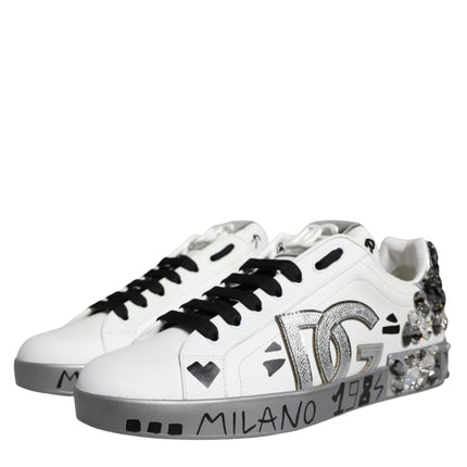 Dolce & Gabbana White Silver Crystal Logo Portofino Sneakers Shoes