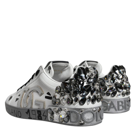 Dolce & Gabbana White Silver Crystal Logo Portofino Sneakers Shoes
