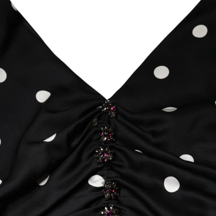 Dolce & Gabbana Black Silk Polka Dot Vneck Tassel Midi Dress