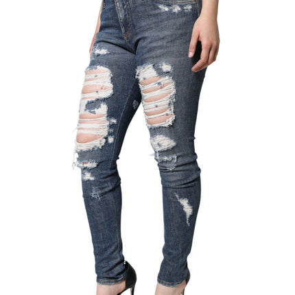 Dolce & Gabbana Blue Cotton Stretch Tattered Skinny Jeans