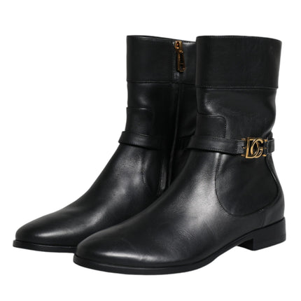 Dolce & Gabbana Black Leather Logo Mid Calf Boots Shoes