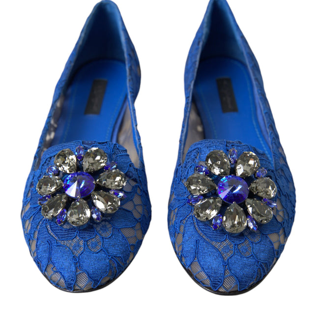 Dolce & Gabbana Blue Lace Crystal Ballet Flats Loafers Shoes