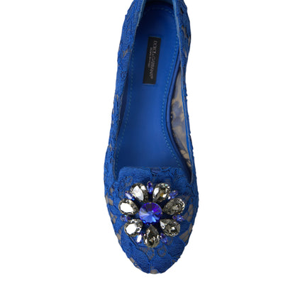Dolce & Gabbana Blue Lace Crystal Ballet Flats Loafers Shoes