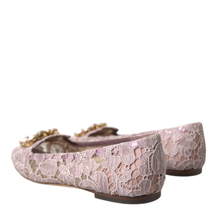 Dolce & Gabbana Pink Lace Crystal Ballet Flats Loafers Shoes