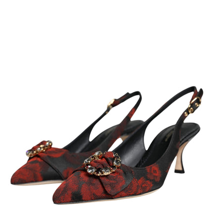 Dolce & Gabbana Black Red Floral Crystal Heel Slingback Shoes