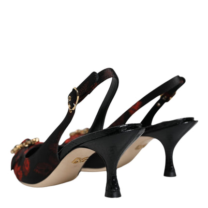 Dolce & Gabbana Black Red Floral Crystal Heel Slingback Shoes