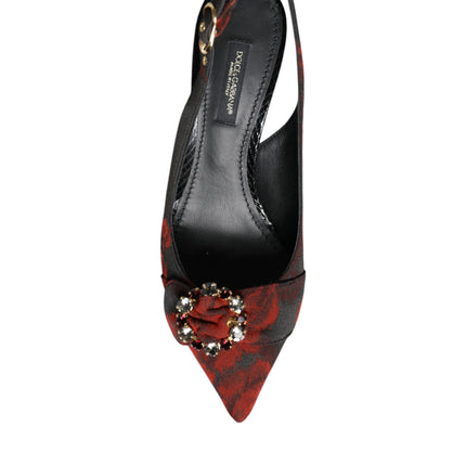 Dolce & Gabbana Black Red Floral Crystal Heel Slingback Shoes