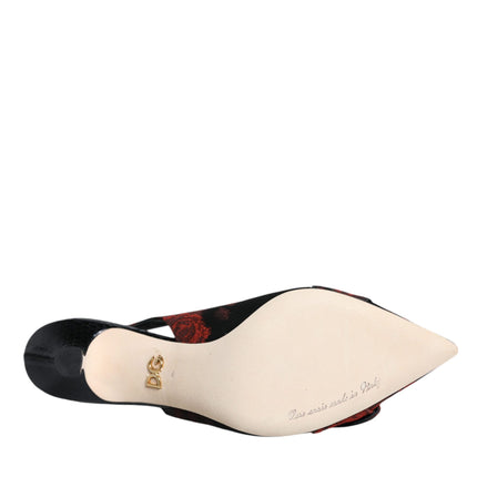 Dolce & Gabbana Black Red Floral Crystal Heel Slingback Shoes