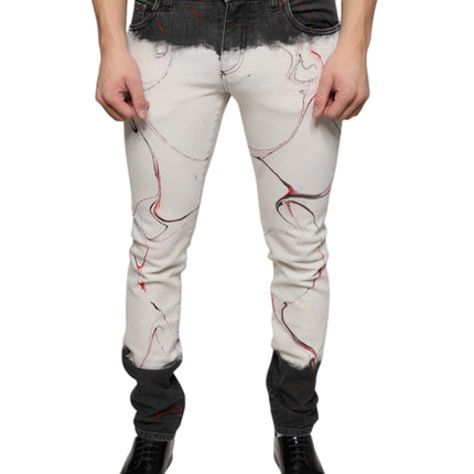 Dolce & Gabbana Black White Printed Skinny Men Denim Jeans