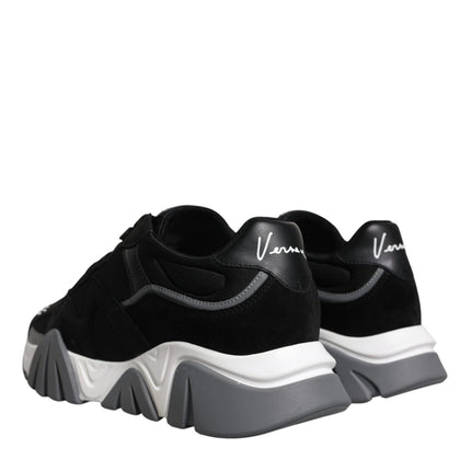 Versace Black Leather Neoprene Chunky Low Top Sneakers Squalo Shoes