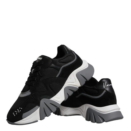 Versace Black Leather Neoprene Chunky Low Top Sneakers Squalo Shoes