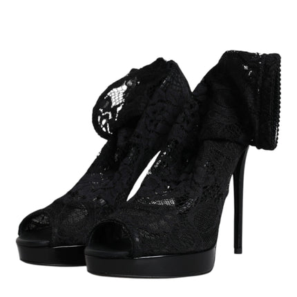 Dolce & Gabbana Black Stretch Taormina Lace Boots Shoes