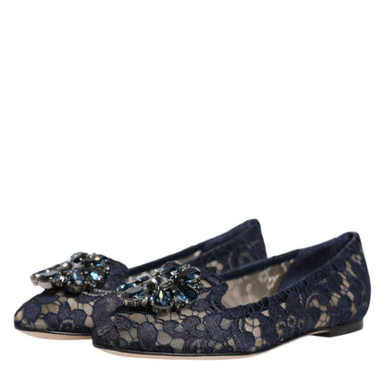 Dolce & Gabbana Blue Taormina Lace Crystals Flats Shoes