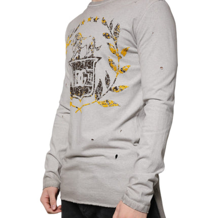 Dolce & Gabbana Gray Printed Cotton Crewneck Pullover Sweater