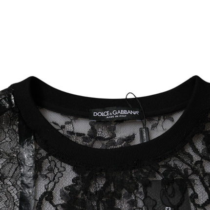 Dolce & Gabbana Black Nylon Floral Lace Crew Neck T-shirt