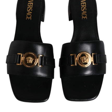 Versace Black Leather Logo Plaque Slip On Slides Flats Shoes