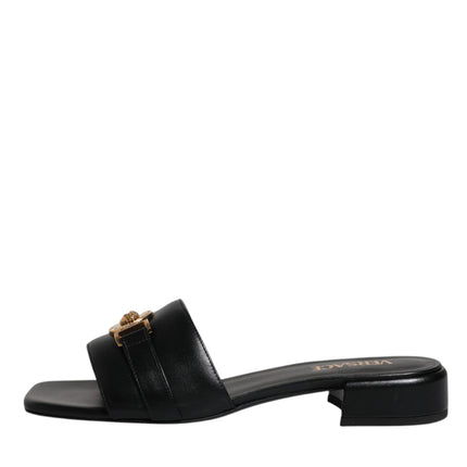 Versace Black Leather Logo Plaque Slip On Slides Flats Shoes