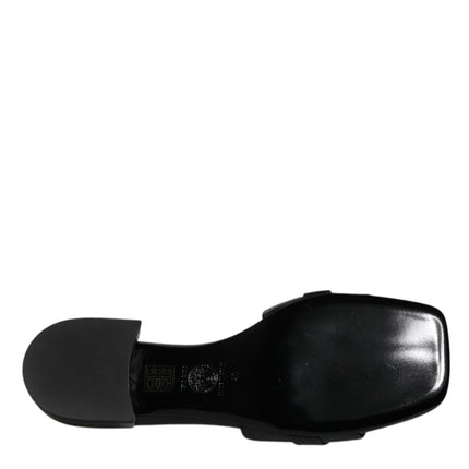 Versace Black Leather Logo Plaque Slip On Slides Flats Shoes