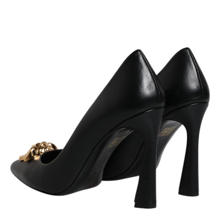 Versace Black Leather Logo Plaque High Heels Pumps Shoes