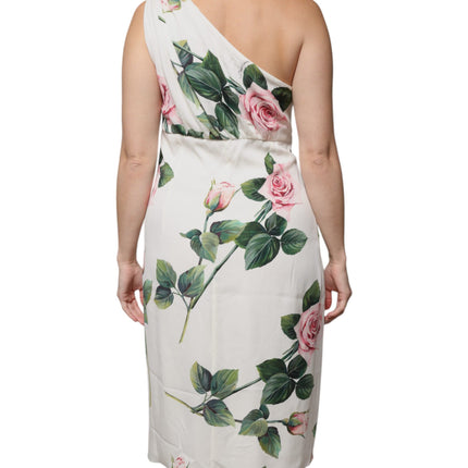 Dolce & Gabbana White Floral Silk One Shoulder Midi Dress
