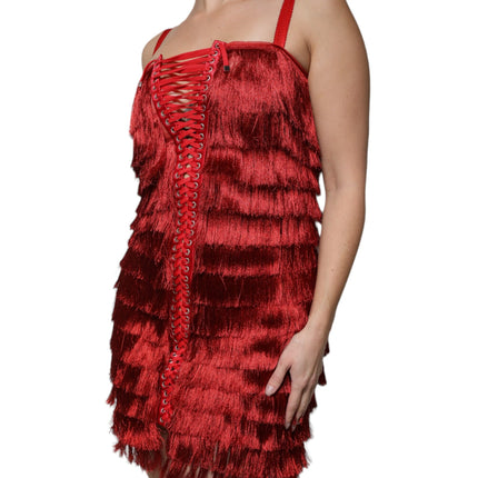 Dolce & Gabbana Red Lace Tassel Sleeveless Sheath Mini Dress