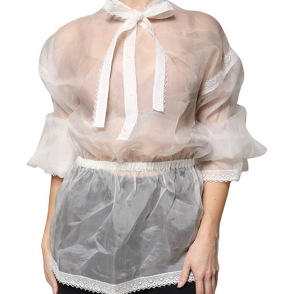 Dolce & Gabbana White Ascot Collar Long Sleeves Blouse Top