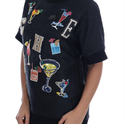 Dolce & Gabbana Black Brocade Cocktail Crystal Sweater