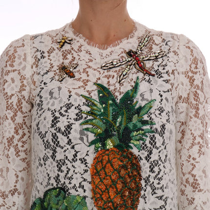 Dolce & Gabbana White Crystal Embellished Lace Blouse