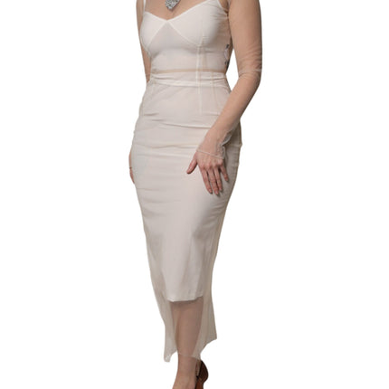 Dolce & Gabbana White Sheer Tulle Bustier Bodycon Midi Dress