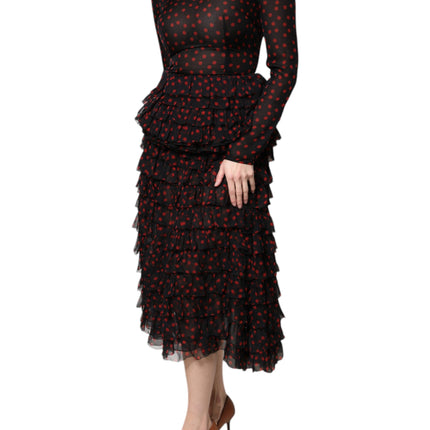 Dolce & Gabbana Black Red Polka Dot Silk Layered Midi Dress