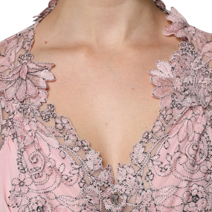 Ermanno Scervino Pink Floral Lace Short Sleeves V-neck Midi Dress