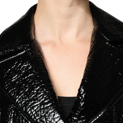Dolce & Gabbana Black Leather Cropped Long Sleeve Coat Jacket
