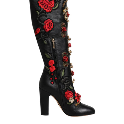 Dolce & Gabbana Black Roses Embellished Leather Heel Boots Shoes