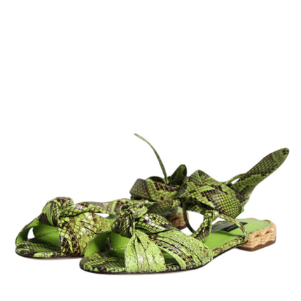 Dolce & Gabbana Green Animal Print Ankle Wrap Sandals Shoes