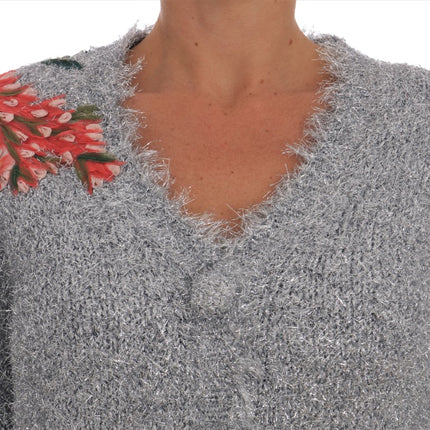Dolce & Gabbana Silver Cardigan Floral Applique Sweater