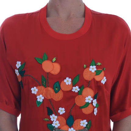 Dolce & Gabbana Red Silk Oranges Floral Crystal Blouse