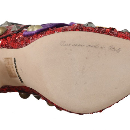 Dolce & Gabbana Red Sequined Crystal Studs Heels Shoes