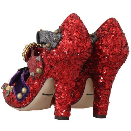Dolce & Gabbana Red Sequined Crystal Studs Heels Shoes