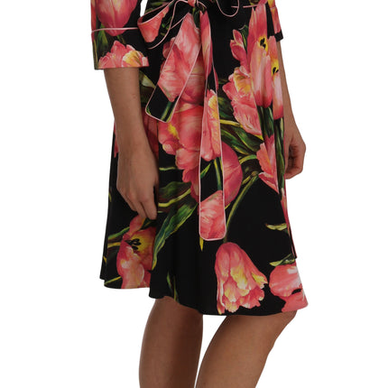 Dolce & Gabbana Black Pink Tulip Print Stretch Shift Dress