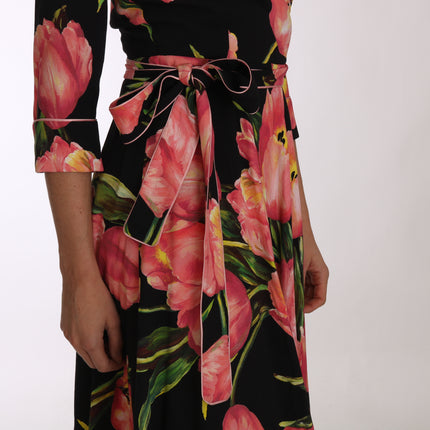 Dolce & Gabbana Black Pink Tulip Print Stretch Shift Dress