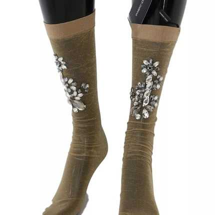 Dolce & Gabbana Gold Stretch Floral Clear Crystal Stocking Socks