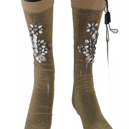 Dolce & Gabbana Gold Stretch Floral Clear Crystal Stocking Socks