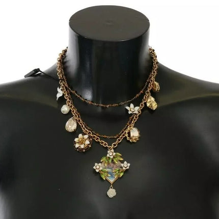 Dolce & Gabbana Gold Brass Crystal Floral Statement Charms Necklace