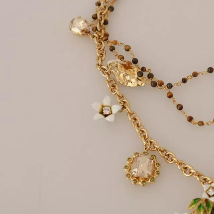 Dolce & Gabbana Gold Brass Crystal Floral Statement Charms Necklace