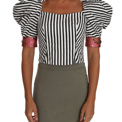 Dolce & Gabbana White Black Striped Cropped Top Puff Sleeve Shirts