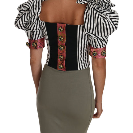 Dolce & Gabbana White Black Striped Cropped Top Puff Sleeve Shirts