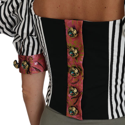 Dolce & Gabbana White Black Striped Cropped Top Puff Sleeve Shirts